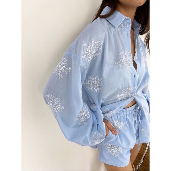 Commense Blue Embroidered Shirt and Shorts Set - Bohemian Style Loungewear M - Picture 2 of 5